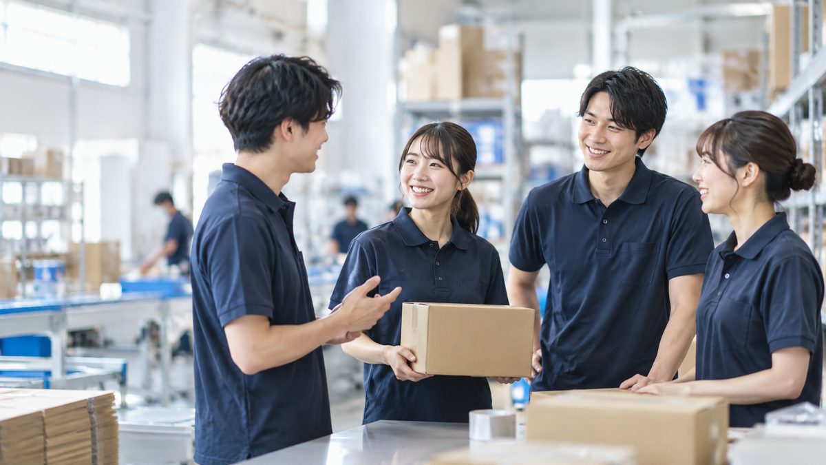 倉庫で談笑するスタッフ